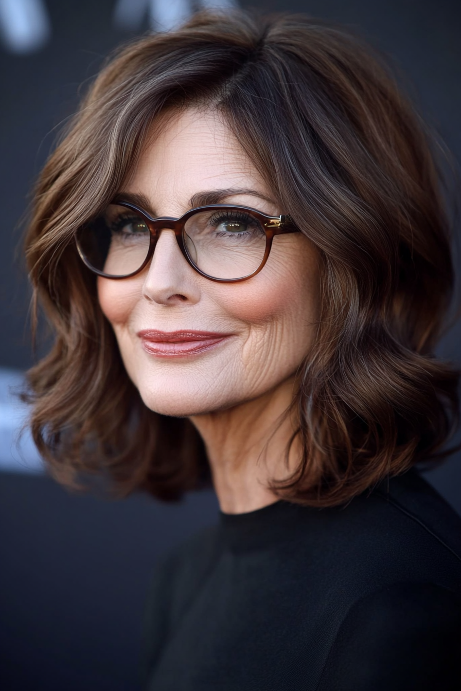 17. Shoulder-Length Waves in Deep Brown (Haircuts For Women Over 60 With Glasses) - Haircuts For Women Over 60 With Glasses