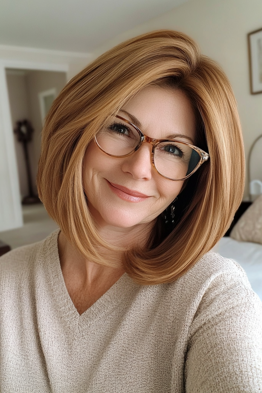 20. Layered Lob in Golden Brown (Haircuts For Women Over 60 With Glasses) - Haircuts For Women Over 60 With Glasses