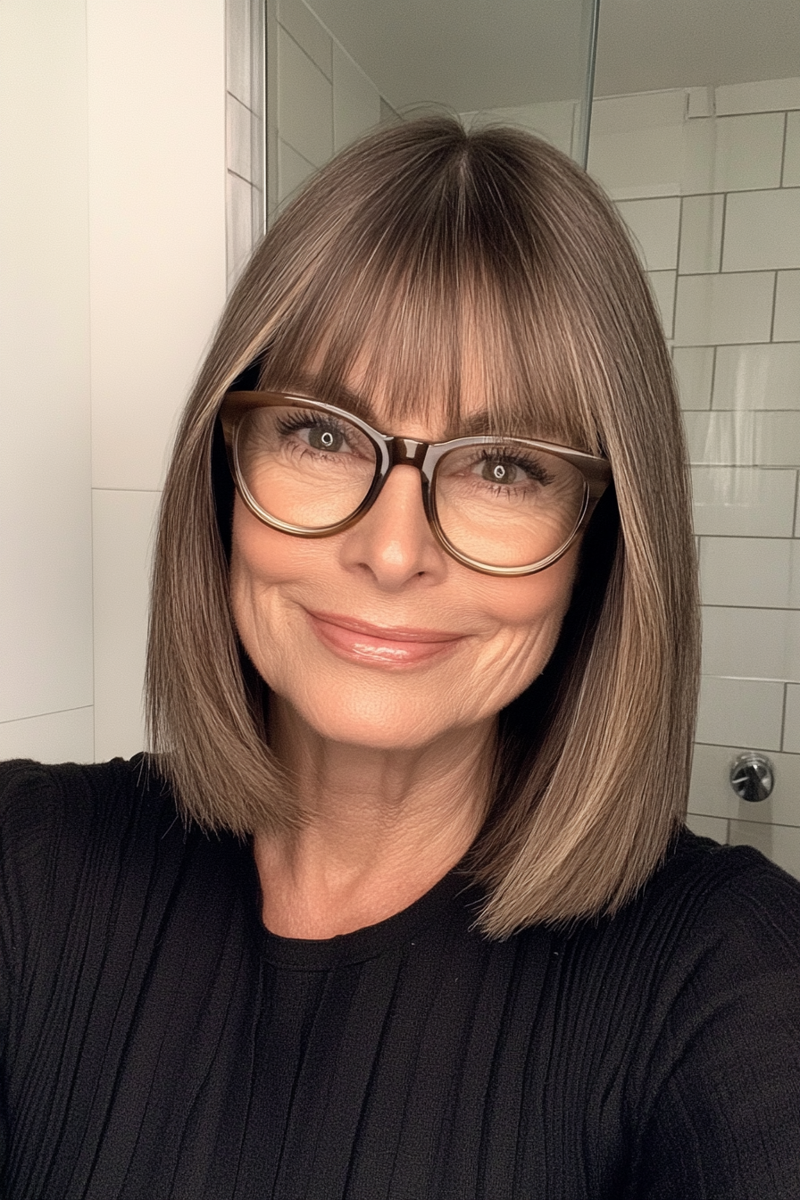 22. Medium Crop with Soft Bangs in Cool Brown (Haircuts For Women Over 60 With Glasses) - Haircuts For Women Over 60 With Glasses