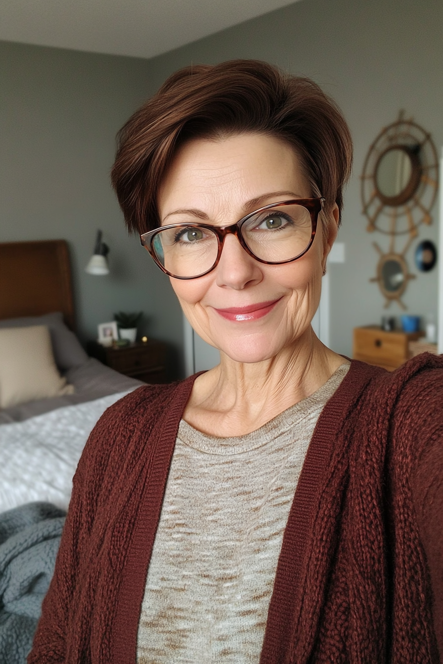 26. Grown-Out Pixie in Warm Mahogany (Haircuts For Women Over 60 With Glasses) - Haircuts For Women Over 60 With Glasses