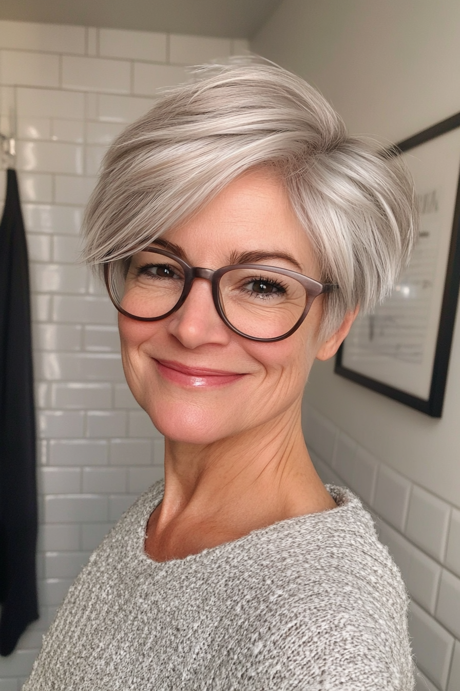 1. Feathered Pixie in Soft Silver (Short Hairstyles For Older Women With Glasses) - Short Hairstyles For Older Women With Glasses