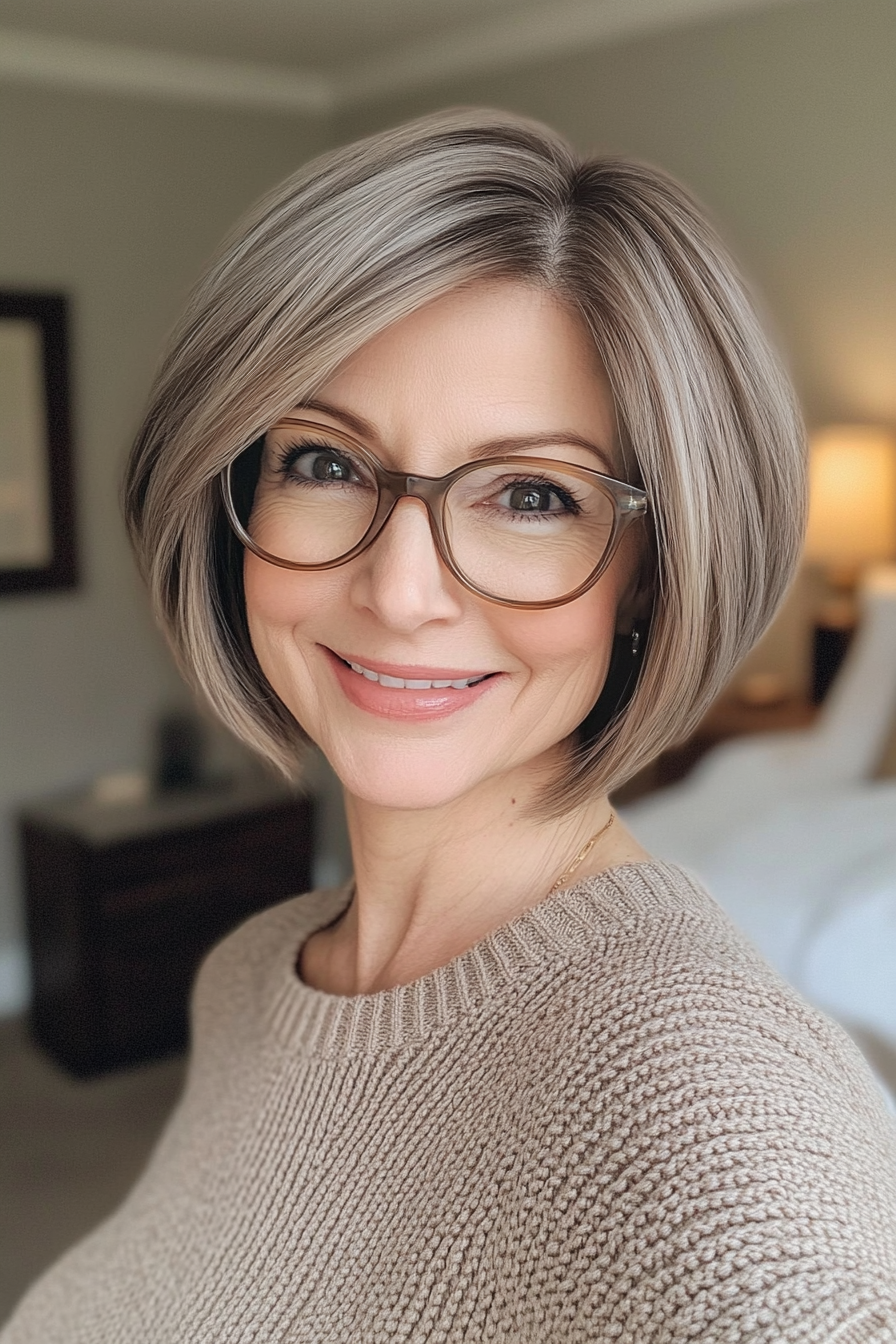 2. Layered Bob in Ash Brown (Short Hairstyles For Older Women With Glasses) - Short Hairstyles For Older Women With Glasses