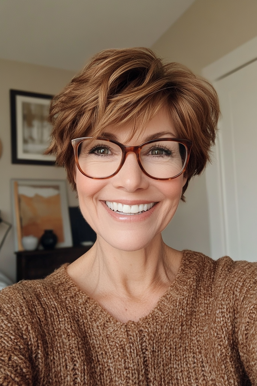 7. Layered Pixie in Warm Honey Brown (Short Hairstyles For Older Women With Glasses) - Short Hairstyles For Older Women With Glasses