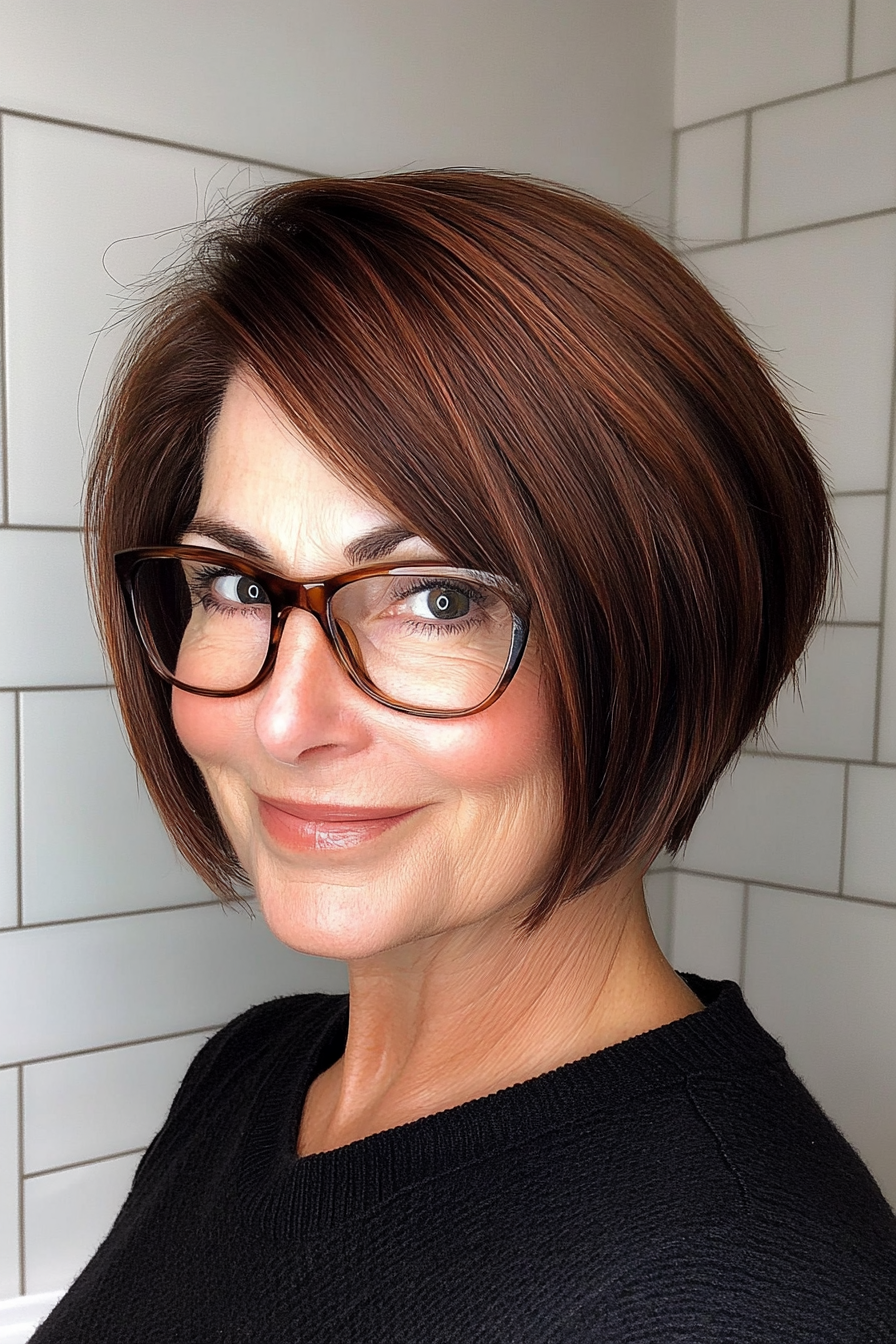 10. Side-Parted Bob in Dark Auburn (Short Hairstyles For Older Women With Glasses) - Short Hairstyles For Older Women With Glasses