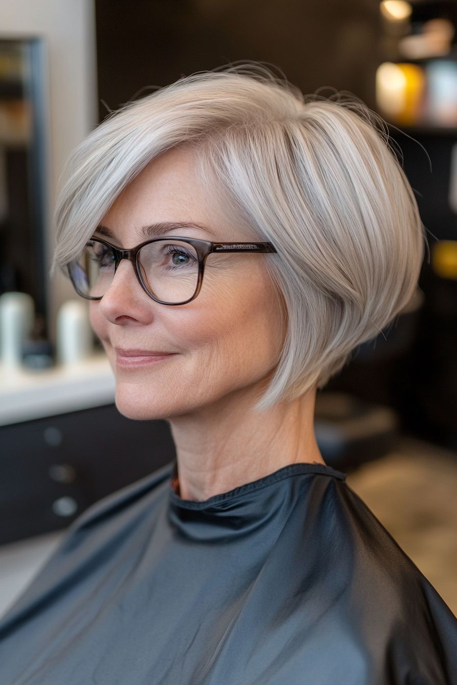 13. Angled Bob in Natural Gray (Short Hairstyles For Older Women With Glasses) - Short Hairstyles For Older Women With Glasses