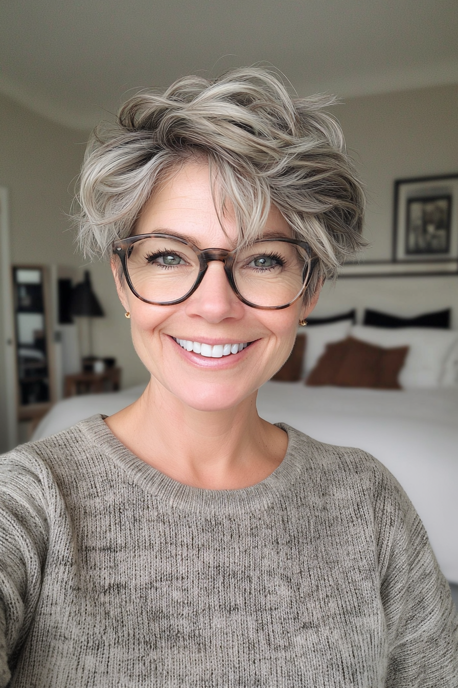 15. Messy Pixie in Salt-and-Pepper (Short Hairstyles For Older Women With Glasses) - Short Hairstyles For Older Women With Glasses