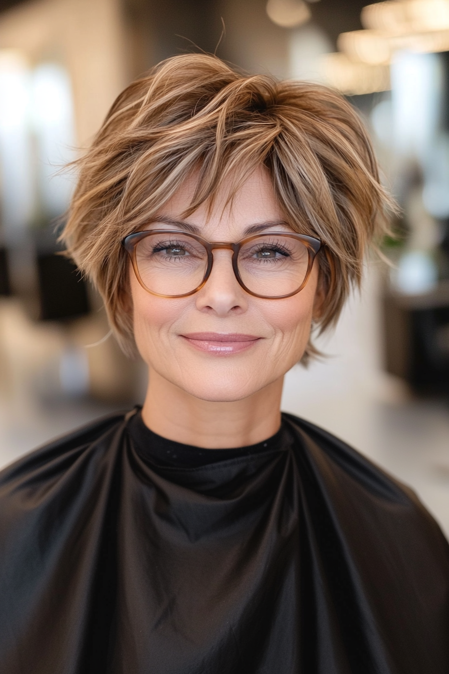 17. Short Shaggy Layers in Warm Caramel (Short Hairstyles For Older Women With Glasses) - Short Hairstyles For Older Women With Glasses
