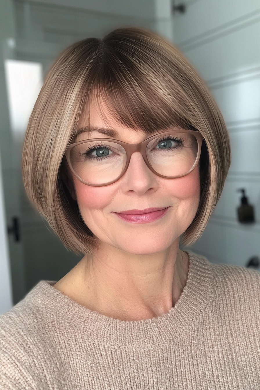 20. Mini Bob with Subtle Bangs in Light Chestnut (Short Hairstyles For Older Women With Glasses) - Short Hairstyles For Older Women With Glasses