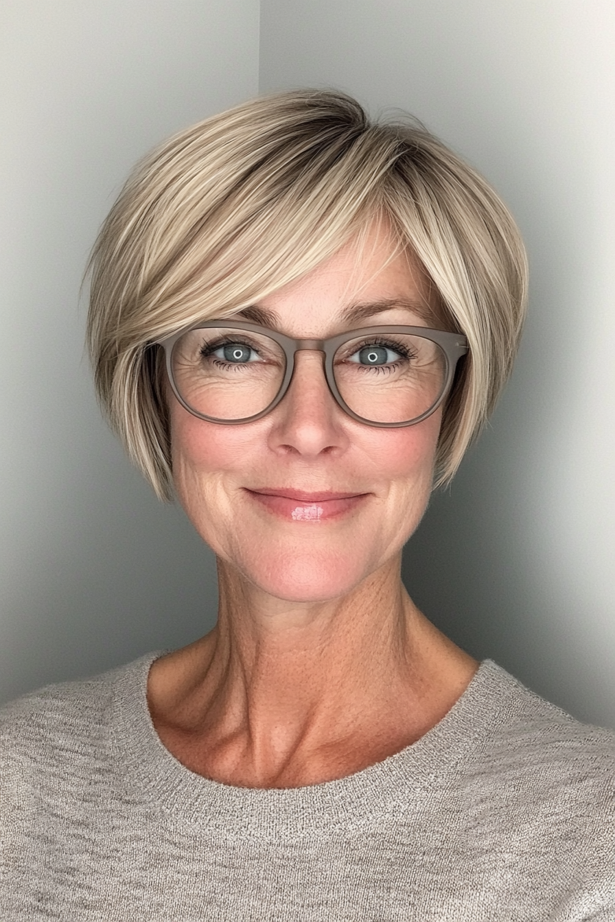 24. Graduated Bob in Cool Beige Blonde (Short Hairstyles For Older Women With Glasses) - Short Hairstyles For Older Women With Glasses