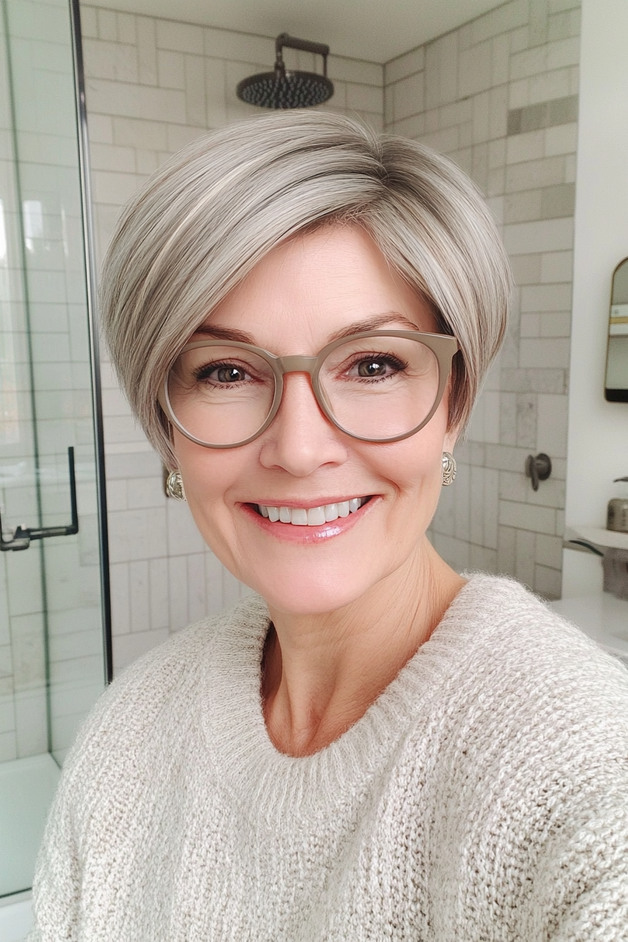 25. Rounded Pixie in Natural Beige Gray (Short Hairstyles For Older Women With Glasses) - Short Hairstyles For Older Women With Glasses