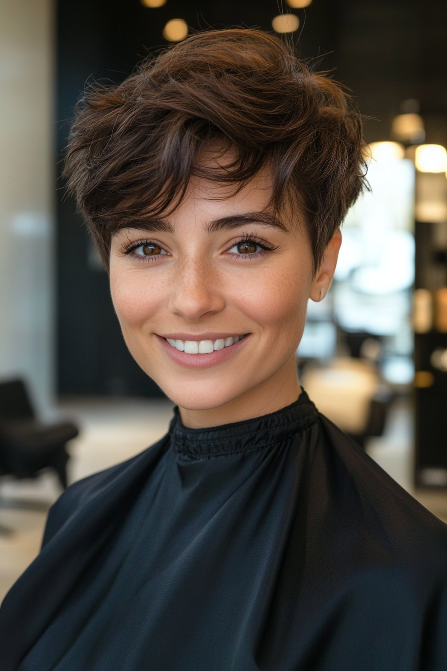 1. Textured Pixie with Deep Chestnut Layers (Short Hairstyles For Thick Hair) - Short Hairstyles For Thick Hair