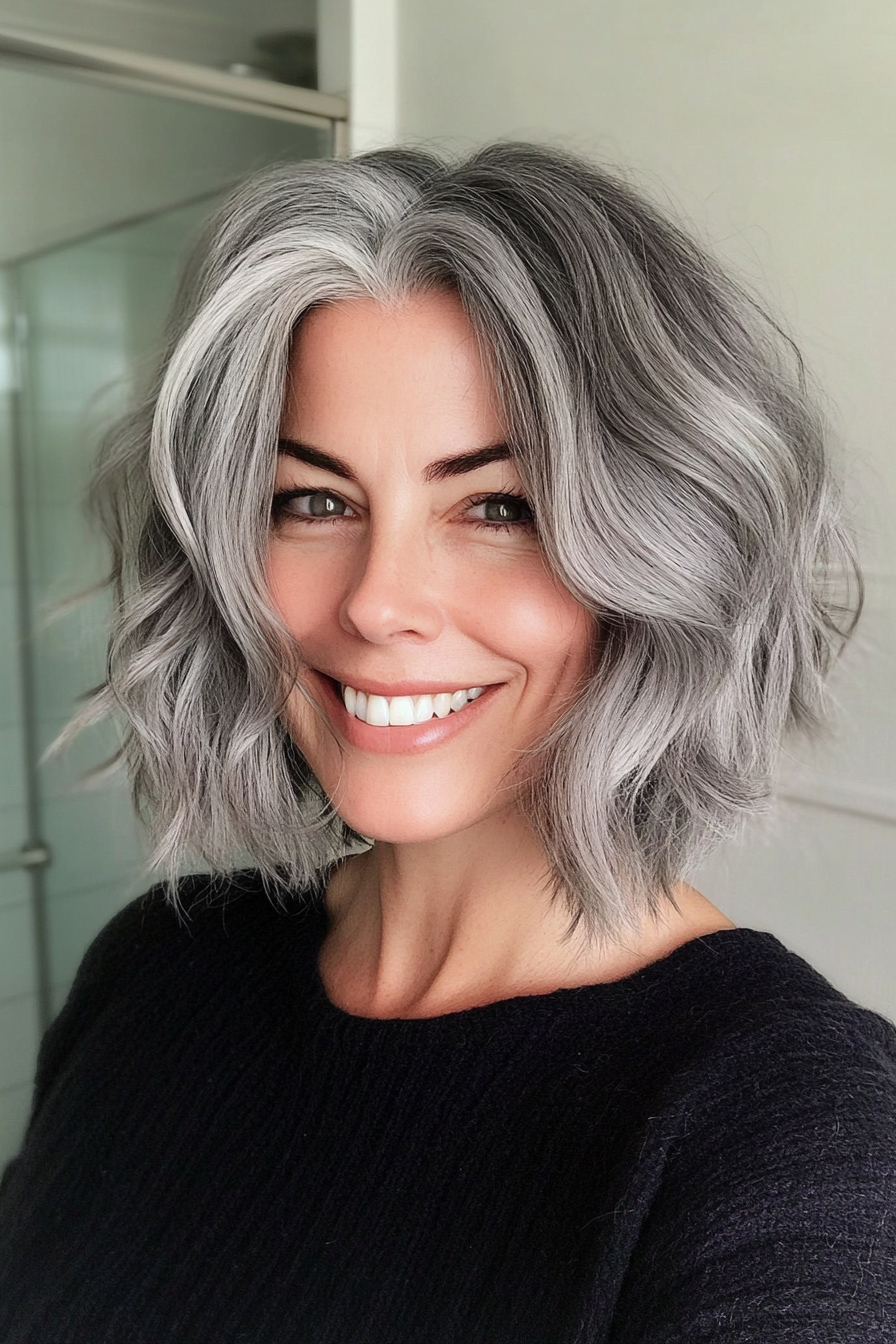 19. Wavy Bob in Natural Gray (Short Hairstyles For Thick Hair) - Short Hairstyles For Thick Hair