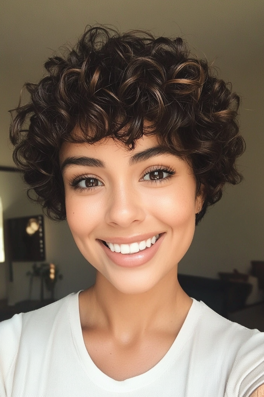 23. Cropped Curls in Dark Honey Brown (Short Hairstyles For Thick Hair) - Short Hairstyles For Thick Hair