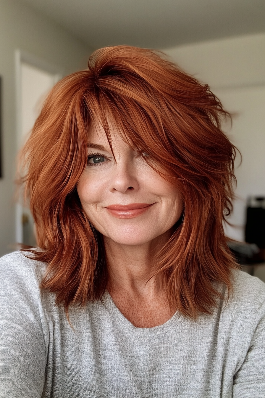 3. Textured Shag in Warm Auburn (Hairstyles For Women Over 50 With Thick Hair) - Hairstyles For Women Over 50 With Thick Hair