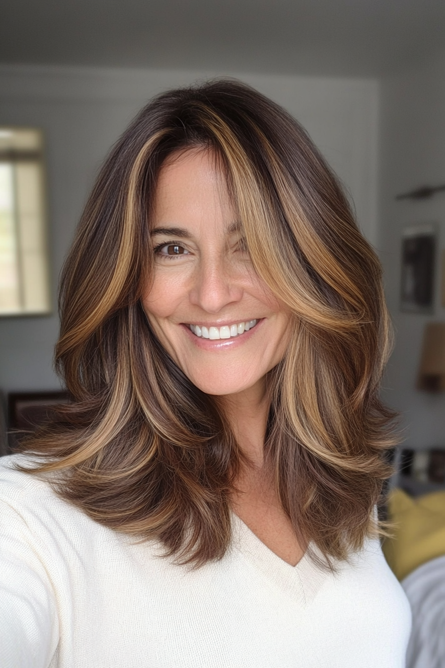 6. Shoulder-Length Cut with Honey Highlights (Hairstyles For Women Over 50 With Thick Hair) - Hairstyles For Women Over 50 With Thick Hair