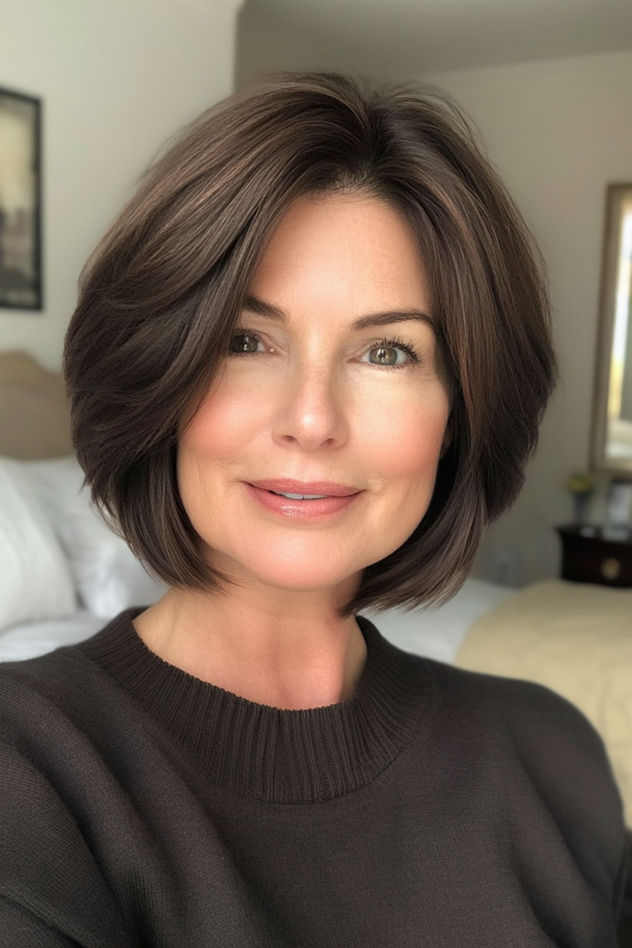 9. Classic French Bob in Dark Brown (Hairstyles For Women Over 50 With Thick Hair) - Hairstyles For Women Over 50 With Thick Hair