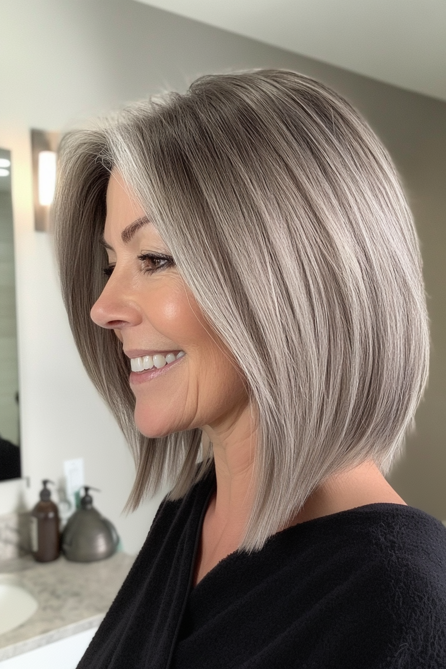10. Angled Lob in Soft Gray (Hairstyles For Women Over 50 With Thick Hair) - Hairstyles For Women Over 50 With Thick Hair