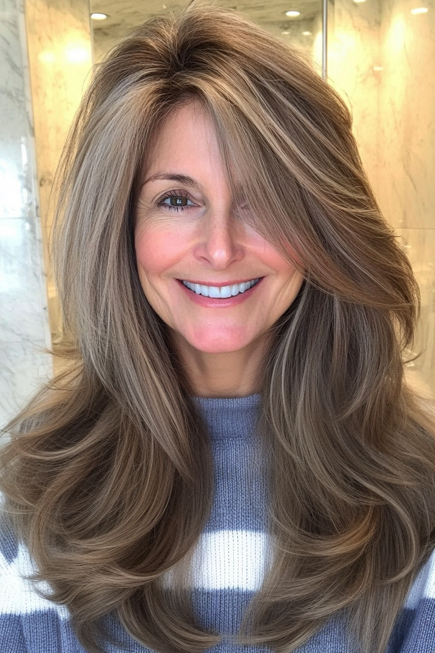 11. Wispy Layers in Light Ash Brown (Hairstyles For Women Over 50 With Thick Hair) - Hairstyles For Women Over 50 With Thick Hair