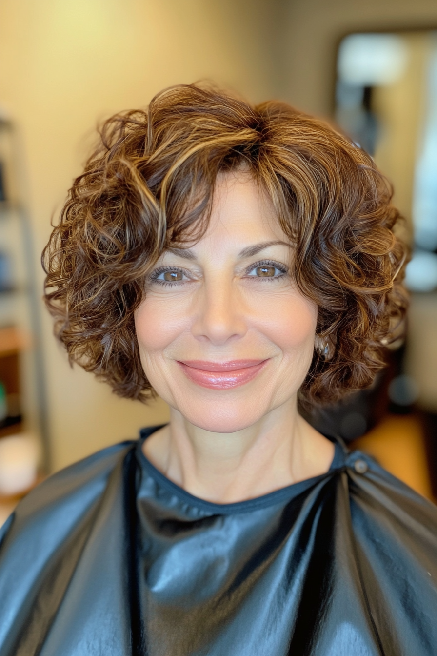 12. Chin-Length Curly Bob in Caramel Brown (Hairstyles For Women Over 50 With Thick Hair) - Hairstyles For Women Over 50 With Thick Hair