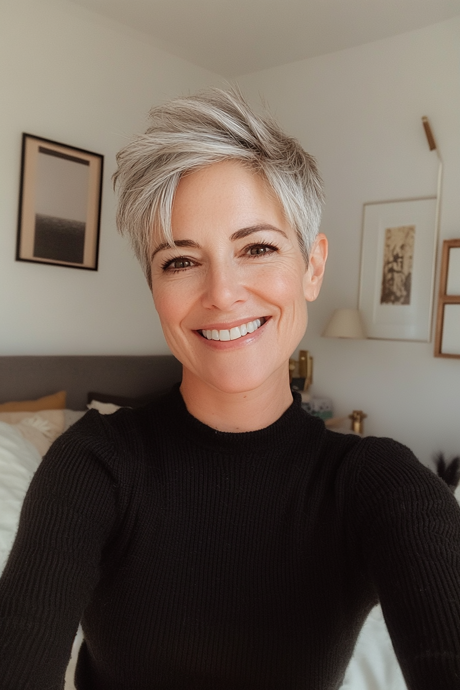 13. Tapered Crop in Salt and Pepper (Hairstyles For Women Over 50 With Thick Hair) - Hairstyles For Women Over 50 With Thick Hair