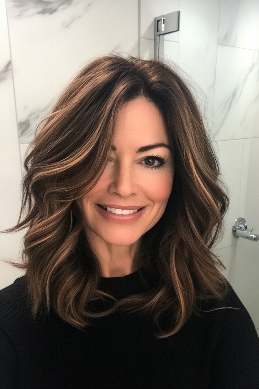 14. Wavy Lob in Rich Brunette (Hairstyles For Women Over 50 With Thick Hair) - Hairstyles For Women Over 50 With Thick Hair