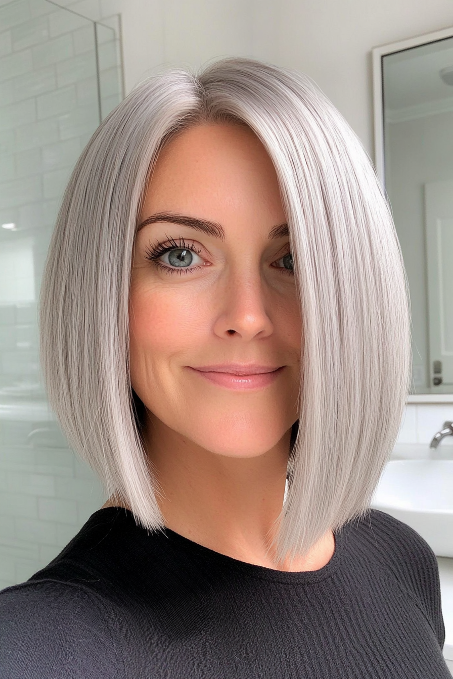 16. Sleek Bob with Icy Silver Tones (Hairstyles For Women Over 50 With Thick Hair) - Hairstyles For Women Over 50 With Thick Hair