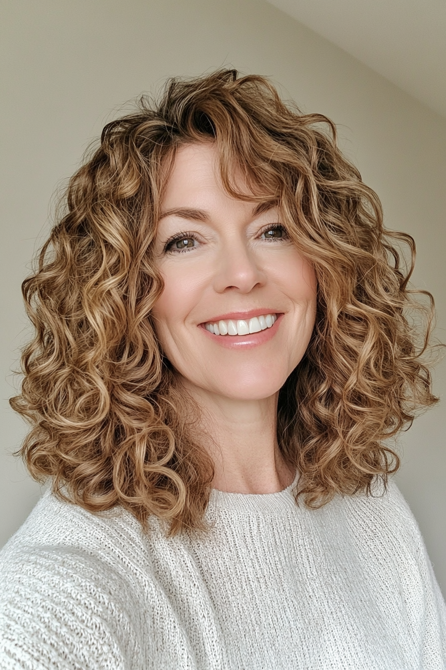 17. Shoulder-Length Curls in Golden Brown (Hairstyles For Women Over 50 With Thick Hair) - Hairstyles For Women Over 50 With Thick Hair