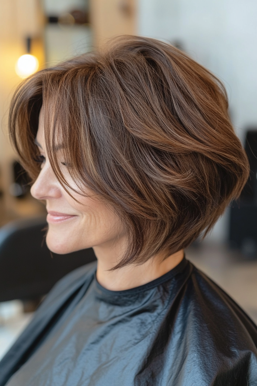 19. Asymmetrical Bob in Natural Brown (Hairstyles For Women Over 50 With Thick Hair) - Hairstyles For Women Over 50 With Thick Hair