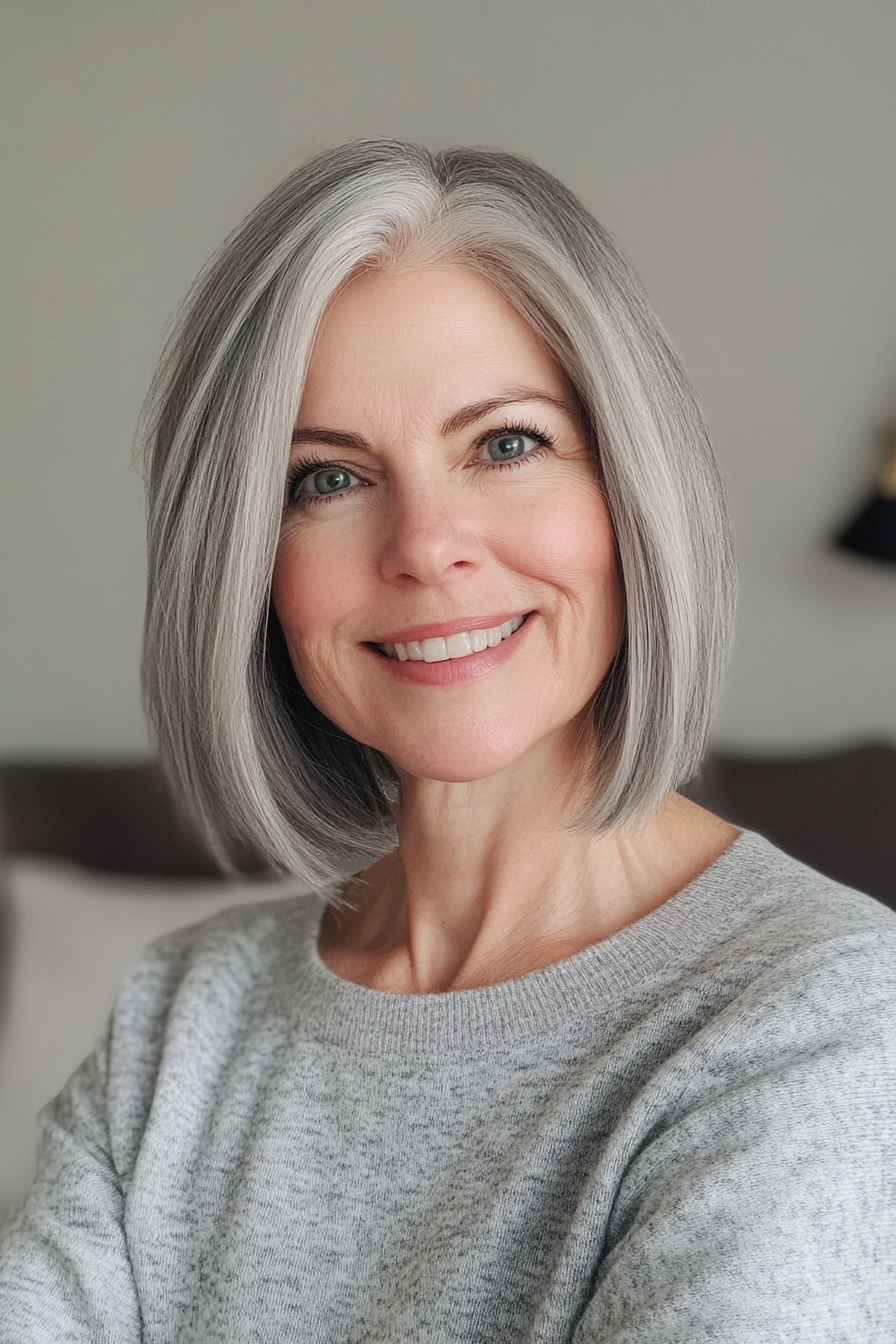 26. Blunt Bob in Natural Gray (Hairstyles For Women Over 50 With Thick Hair) - Hairstyles For Women Over 50 With Thick Hair