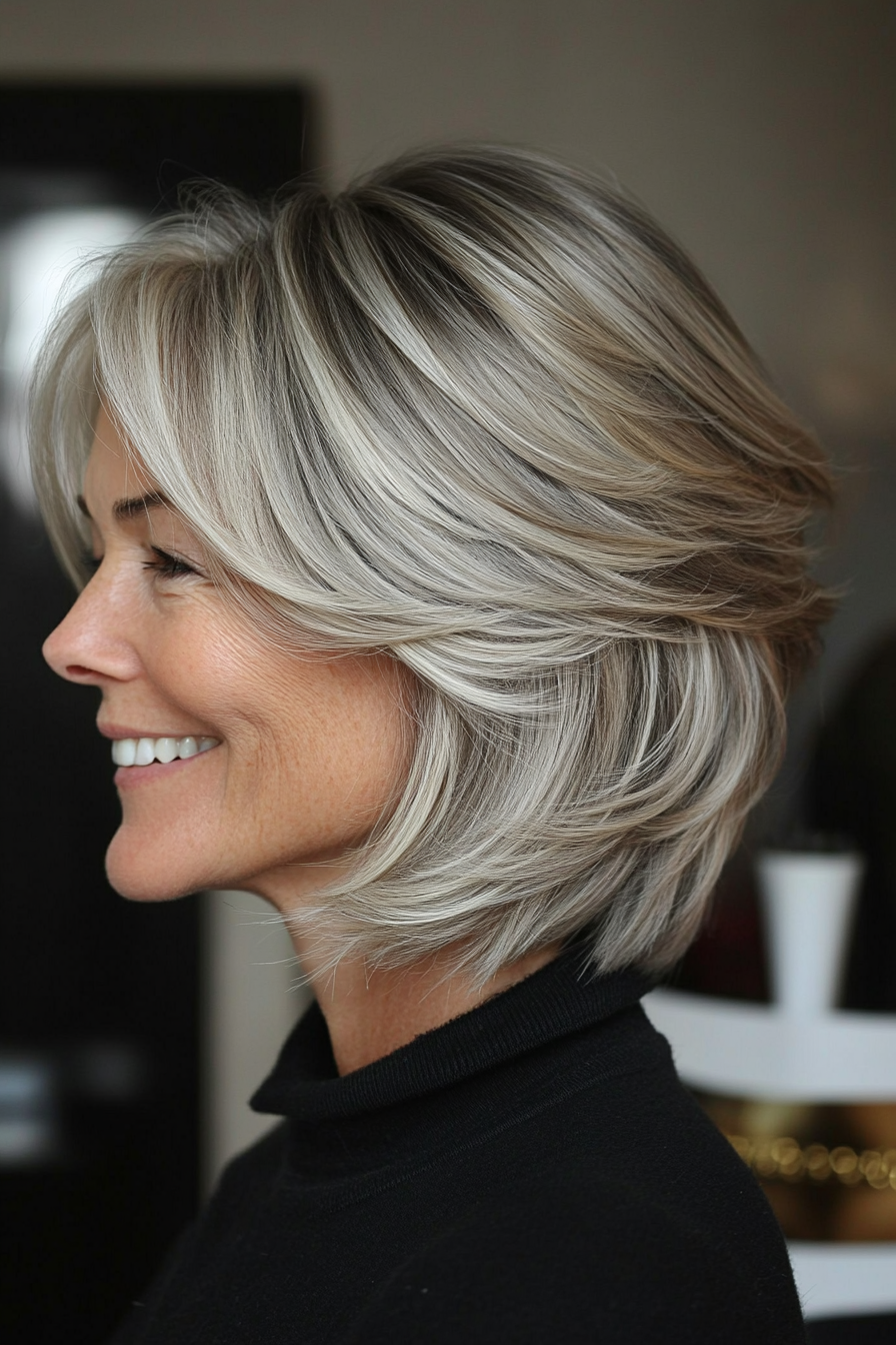 3. Feathered Bob with Ash Blonde Highlights (Bob Hairstyles For Women Over 50) - Bob Hairstyles For Women Over 50