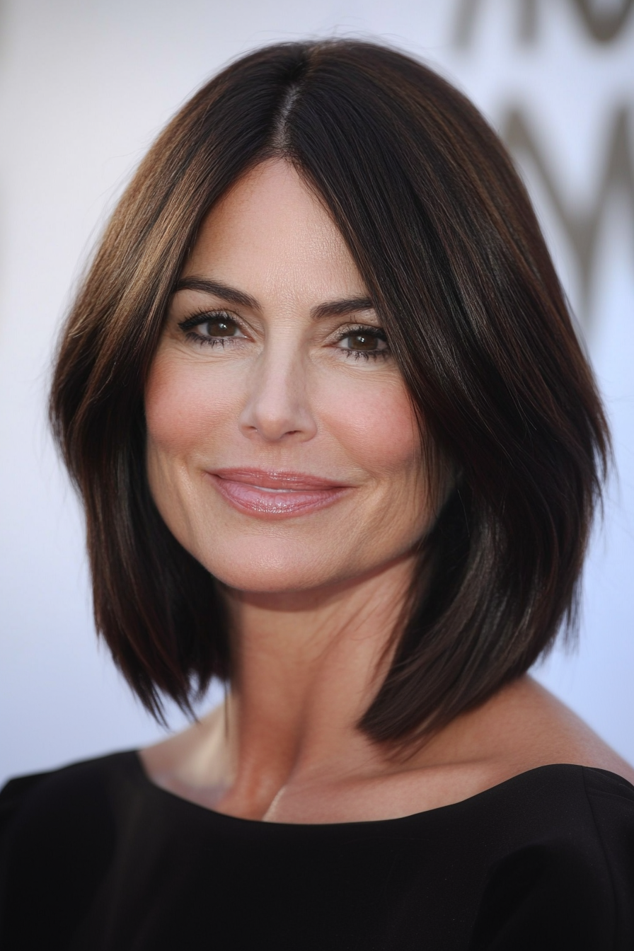 25. Sleek Long Bob with Natural Brunette (Bob Hairstyles For Women Over 50) - Bob Hairstyles For Women Over 50