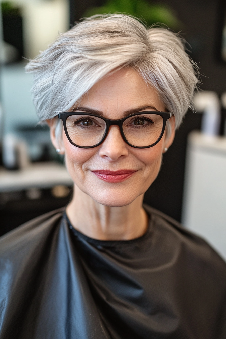 1. Soft Silver Pixie with Feathered Layers (Hairstyles For Women Over 60 With Glasses) - Hairstyles For Women Over 60 With Glasses