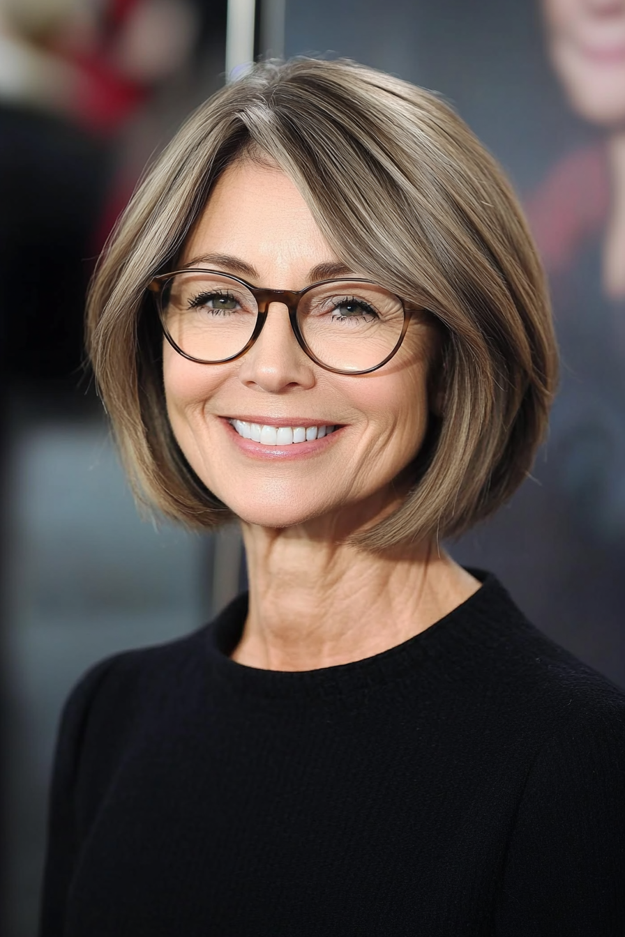 2. Layered Ash Brown Bob with Side Part (Hairstyles For Women Over 60 With Glasses) - Hairstyles For Women Over 60 With Glasses