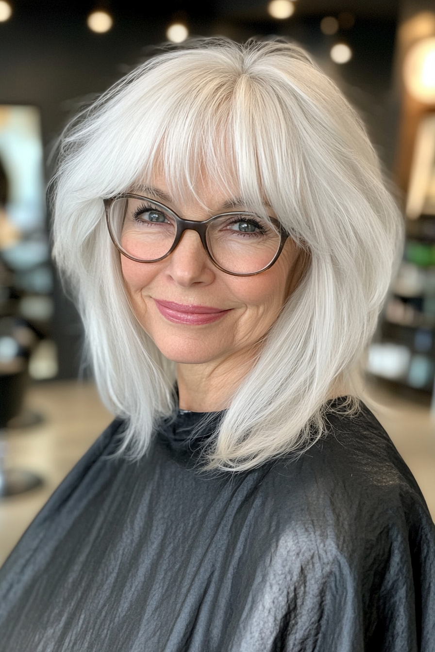 3. Wispy White Shag with Long Bangs (Hairstyles For Women Over 60 With Glasses) - Hairstyles For Women Over 60 With Glasses