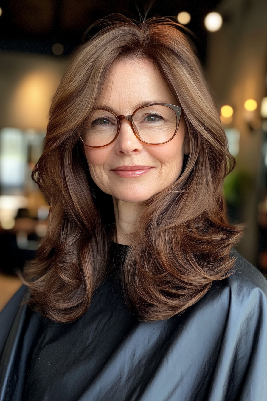 5. Shoulder-Length Chestnut Layers (Hairstyles For Women Over 60 With Glasses) - Hairstyles For Women Over 60 With Glasses