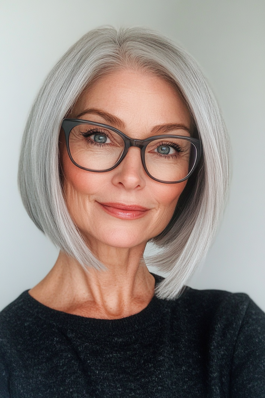 6. Icy Gray Classic Bob (Hairstyles For Women Over 60 With Glasses) - Hairstyles For Women Over 60 With Glasses