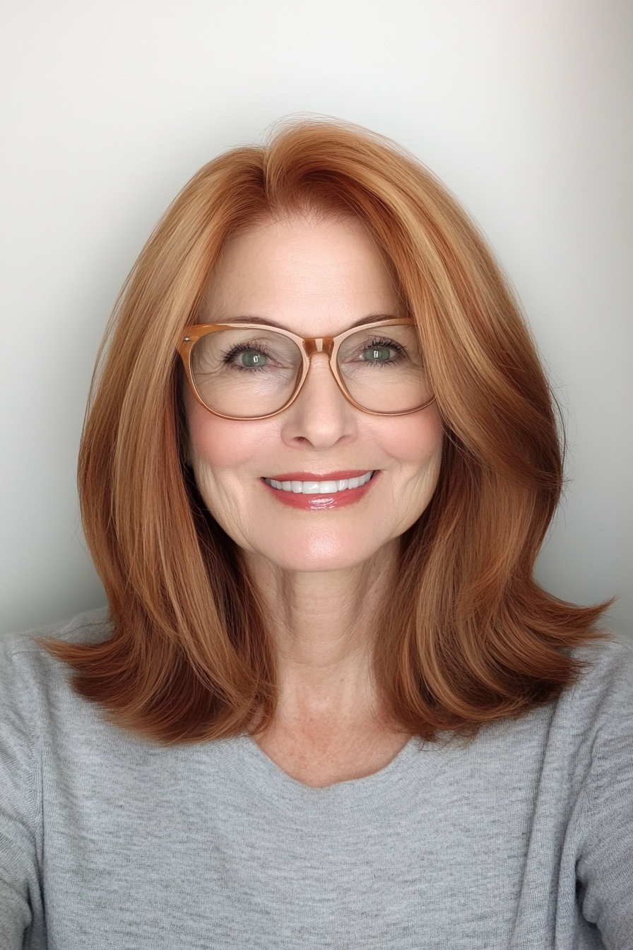 7. Light Auburn Textured Lob (Hairstyles For Women Over 60 With Glasses) - Hairstyles For Women Over 60 With Glasses