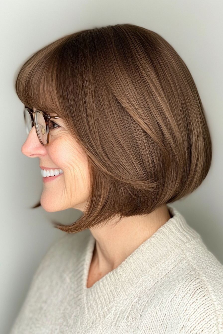 9. Warm Brown Bob with Curtain Bangs (Hairstyles For Women Over 60 With Glasses) - Hairstyles For Women Over 60 With Glasses