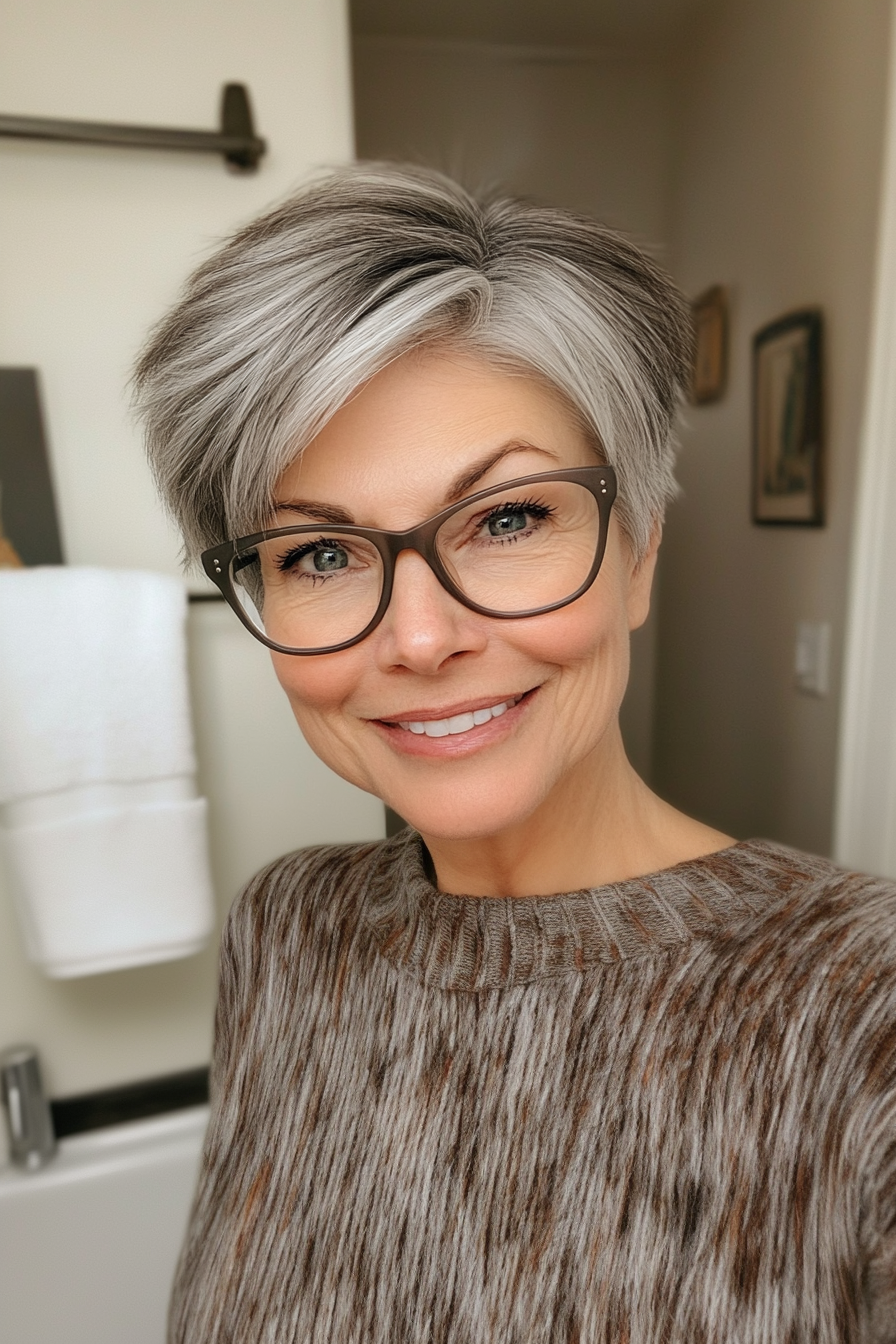10. Short Salt-and-Pepper Layers (Hairstyles For Women Over 60 With Glasses) - Hairstyles For Women Over 60 With Glasses