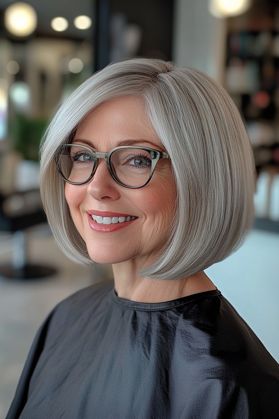 13. Soft Gray Chin-Length Bob (Hairstyles For Women Over 60 With Glasses) - Hairstyles For Women Over 60 With Glasses