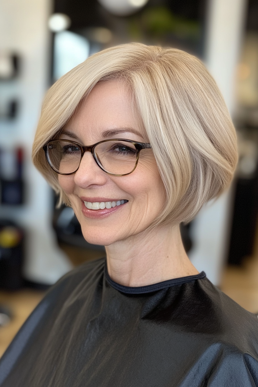 15. Mushroom Blonde Layered Cut (Hairstyles For Women Over 60 With Glasses) - Hairstyles For Women Over 60 With Glasses
