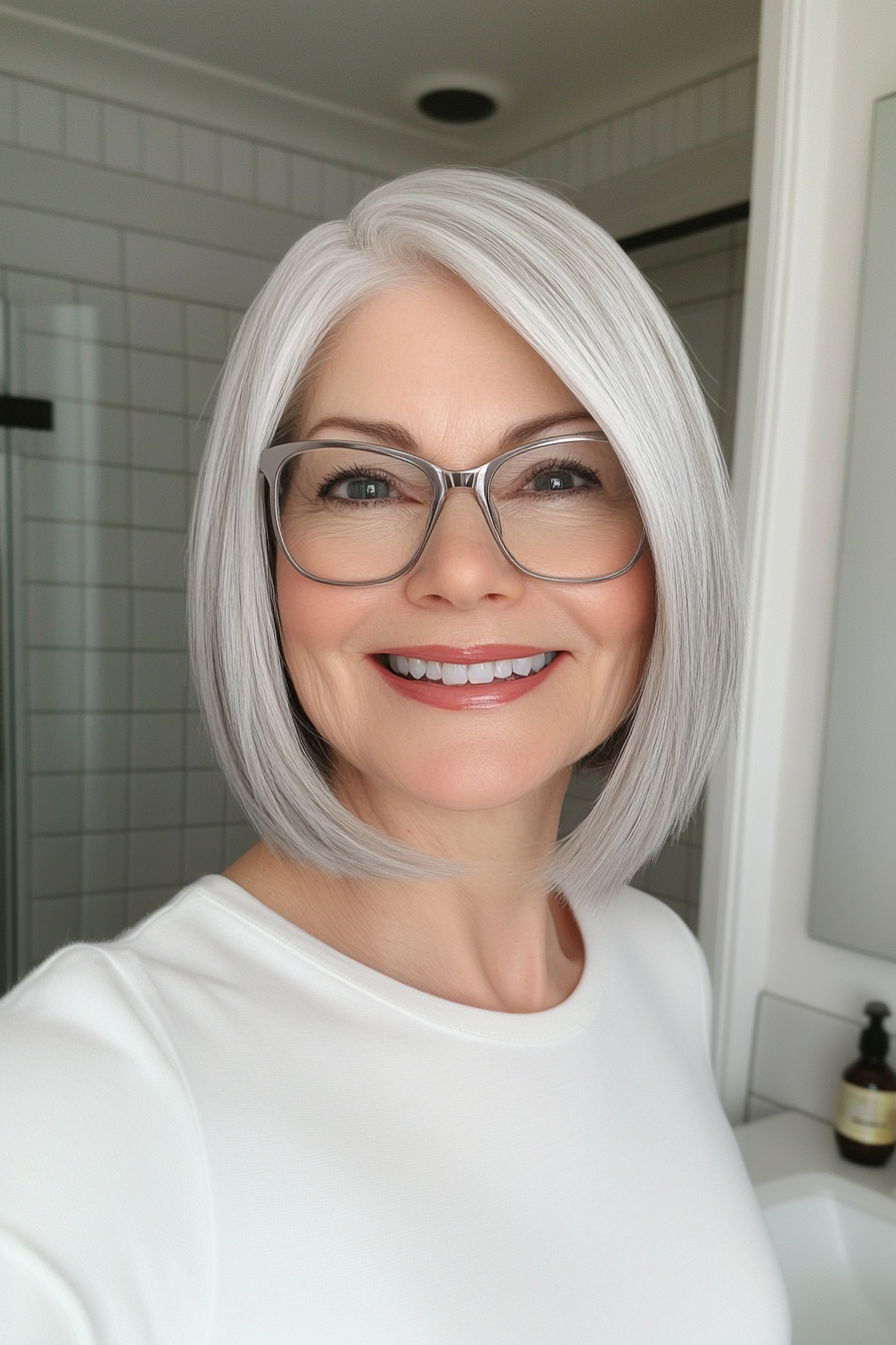 17. Snowy Silver Sleek Bob (Hairstyles For Women Over 60 With Glasses) - Hairstyles For Women Over 60 With Glasses