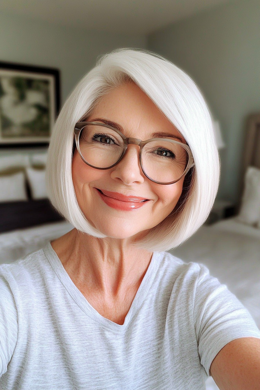 22. Classic White French Bob (Hairstyles For Women Over 60 With Glasses) - Hairstyles For Women Over 60 With Glasses