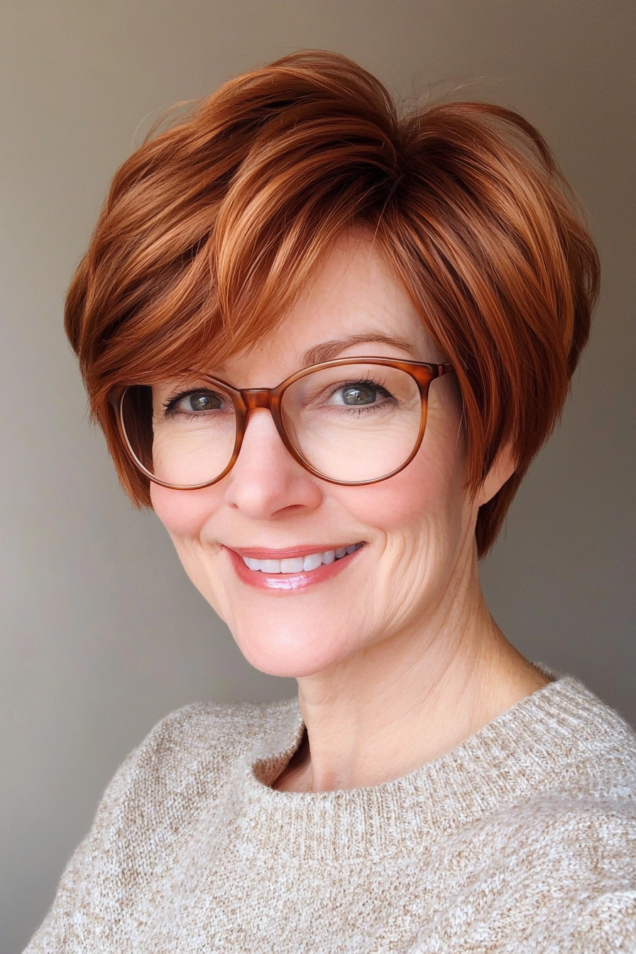 23. Copper Brown Rounded Pixie (Hairstyles For Women Over 60 With Glasses) - Hairstyles For Women Over 60 With Glasses