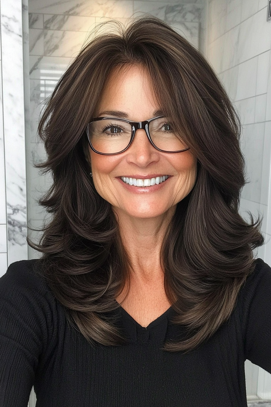 24. Espresso Layered Shag (Hairstyles For Women Over 60 With Glasses) - Hairstyles For Women Over 60 With Glasses