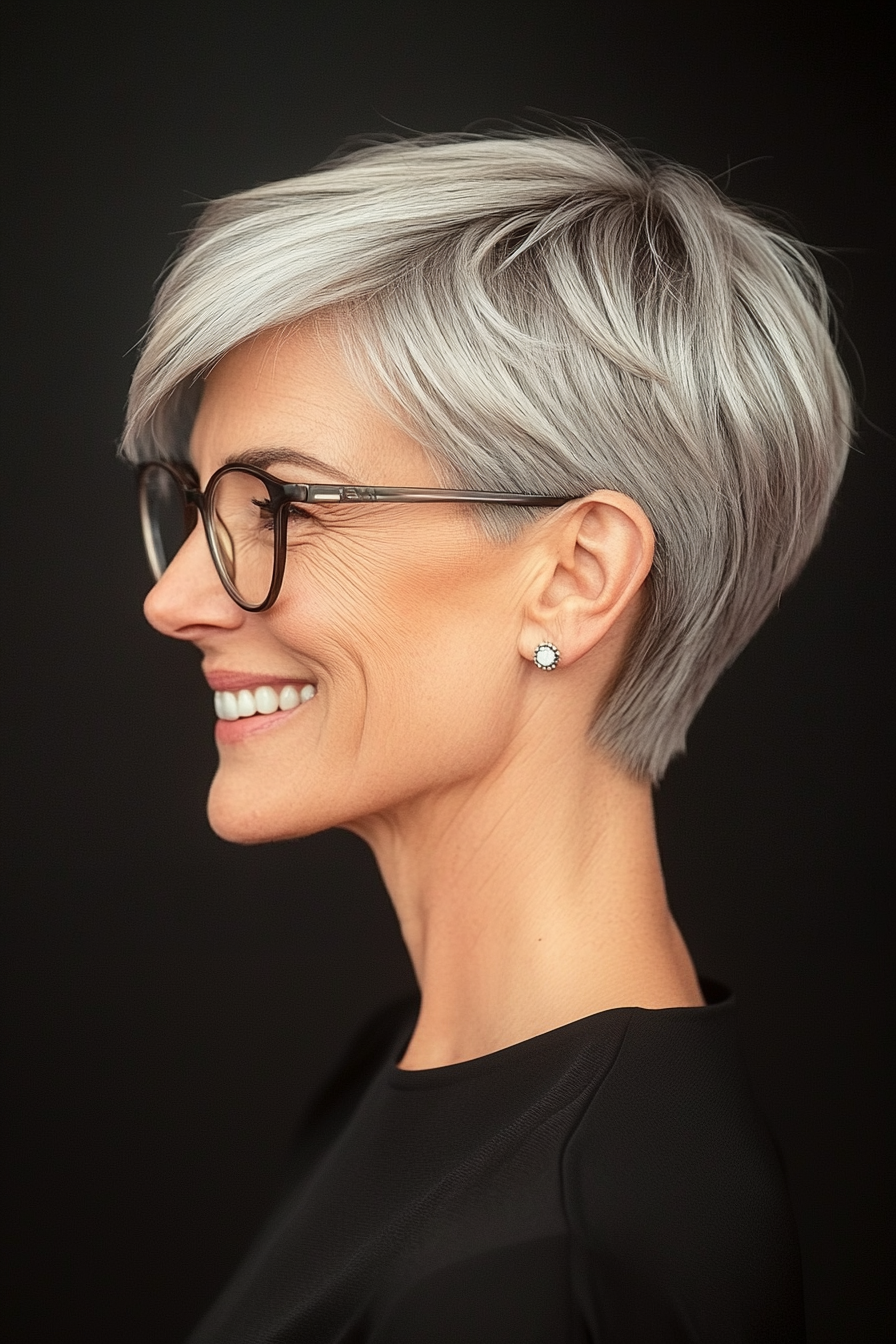 25. Sandy Gray Long Pixie with Bangs (Hairstyles For Women Over 60 With Glasses) - Hairstyles For Women Over 60 With Glasses