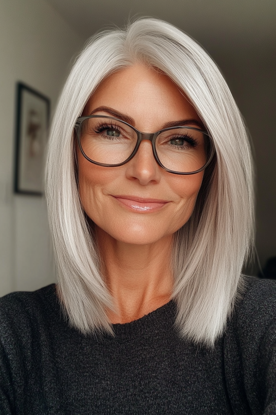 26. Silver Blonde Straight Lob (Hairstyles For Women Over 60 With Glasses) - Hairstyles For Women Over 60 With Glasses
