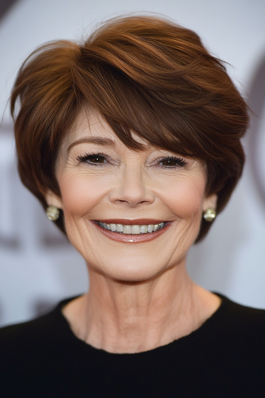 1. Feathered Pixie with Warm Chestnut Brown (Senior Haircuts For Older Women) - Senior Haircuts For Older Women