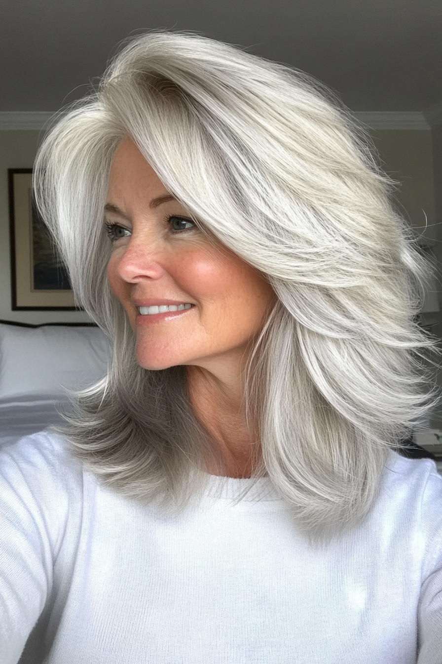 6. Silver Layered Cut with Side Bangs (Senior Haircuts For Older Women) - Senior Haircuts For Older Women