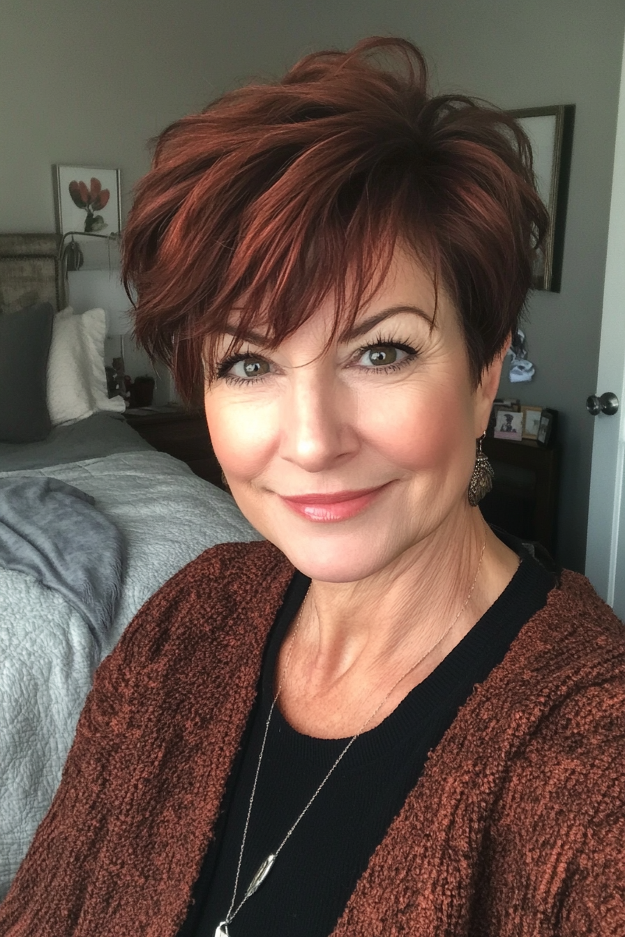 12. Textured Pixie with Dark Auburn (Senior Haircuts For Older Women) - Senior Haircuts For Older Women